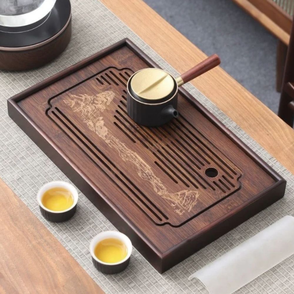 Bamboo Tea Tray - ถาดชาจีนกังฟูไม้ไผ่แบบถอดได้ ถาดระบายน้ำชาแบบวินเทจ ลวดลายแกะสลัก ถาดเก็บน้ำ ถาดเสิร์ฟชา สำหรับสำนักงาน