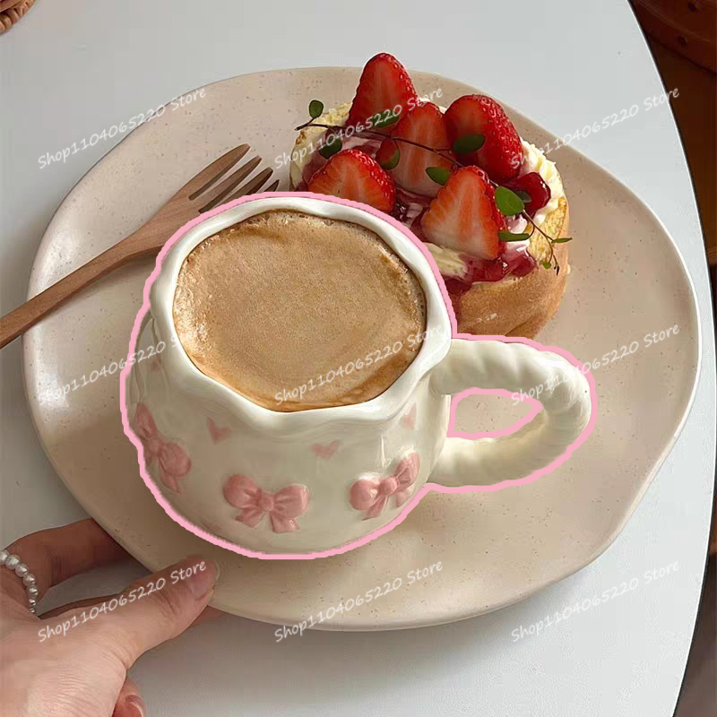 Coffee Tea Festival - สาวสไตล์เกาหลีที่ละเอียดอ่อนโบว์เชอร์รี่บรรเทาแก้วกาแฟน้ําชายามบ่าย Party Chat Ins น่ารักอารมณ์แก้วเทศกาลของขวัญวันเกิด