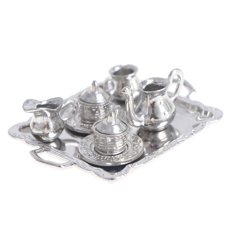 Coffee Tea House - 10 ชิ้น/เซ็ต 1/12 Dollhouse Miniature โลหะเงินชากาแฟถาดชุดบนโต๊ะอาหารสําหรับตุ๊กตา