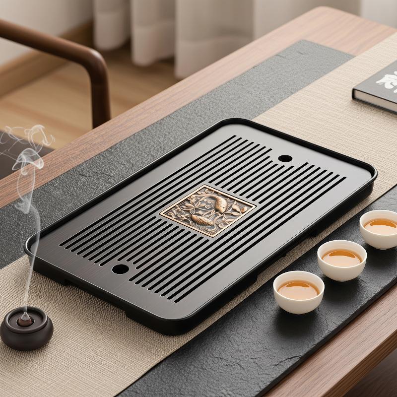 Bamboo Tea Tray - ถาดชาไม้สองชั้นพร้อมระบบระบายน้ำ ลายดอกไม้สลัก ถาดทรงสี่เหลี่ยม อุปกรณ์เสริมชุดน้ำชา เหมาะสำหรับเสิร์ฟชา
