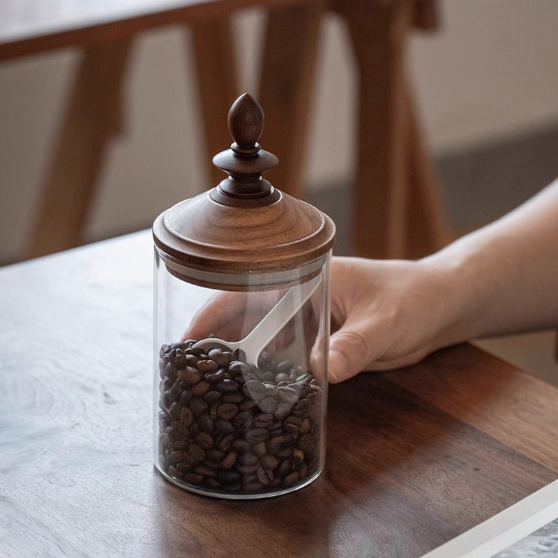 Coffee Tea And Bean Leaf - สไตล์อเมริกันใช้ในบ้านกาแฟถั่วเก็บ Jar ลักษณะสูงตกแต่งชาใบแก้วปิดผนึก Jar ไม้วอลนัทฝาปิด