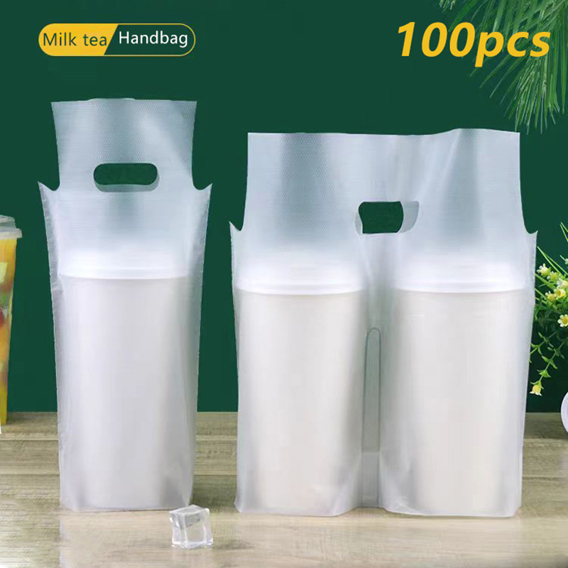 Coffee Tea Pictures - ถุงบรรจุภัณฑ์ชา sữaแบบแก้วเดี่ยว/แก้วคู่ 100 ชิ้น ถุงพลาสติกใสแบบใช้แล้วทิ้งสำหรับเครื่องดื่ม ถุงหิ้วกาแฟแบบนำกลับบ้าน