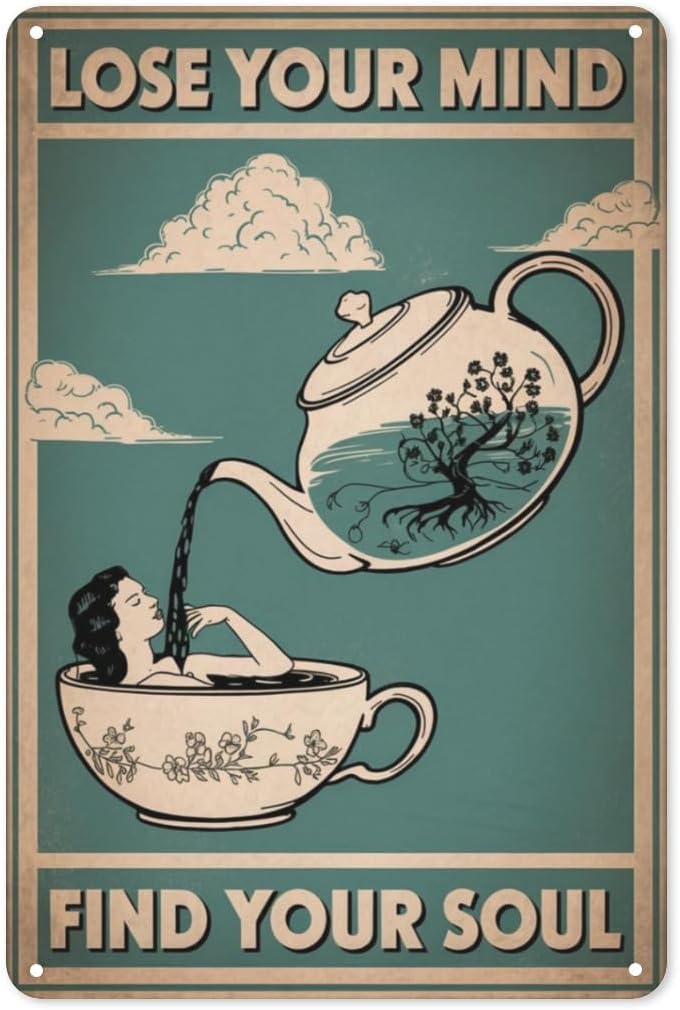 Coffee Tea Nook - ป้ายโลหะตกแต่งผนังลายชาและสมาธิ สไตล์เซน สำหรับร้านกาแฟ มุมอ่านหนังสือ ตกแต่งห้องนั่งเล่นสไตล์โบโฮ ทำจากอะลูมิเนียม