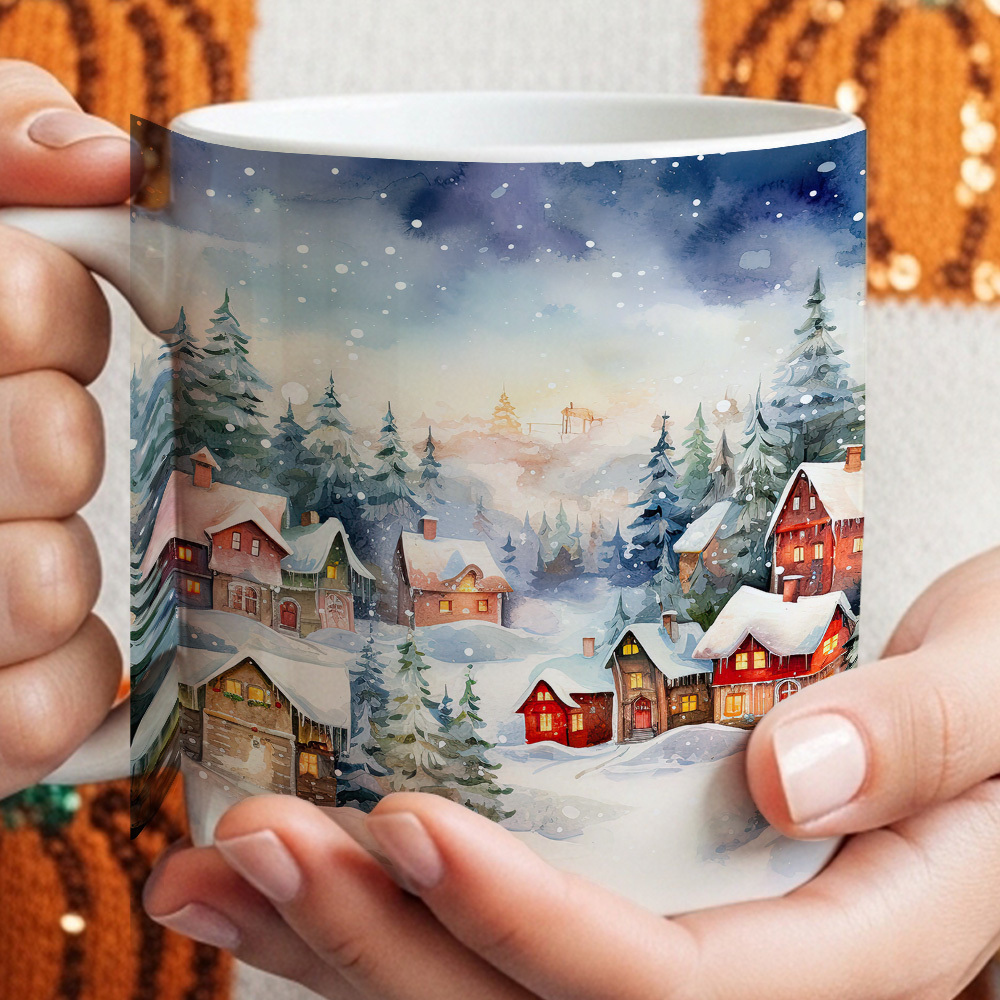 Coffee Tea Festival - แก้วกาแฟคริสต์มาสลายหมู่บ้านหิมะแสนอบอุ่น 1 ชิ้น พร้อมภาพวิวทิวทัศน์ฤดูหนาว - แก้วสำหรับดื่มช็อกโกแลตร้อนและชา