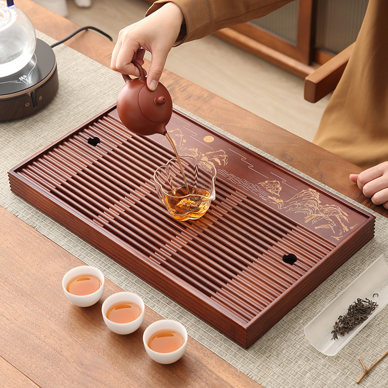 Bamboo Tea Tray - ถาดทำจากถาดรองชงชาไม้ไผ่แบบมีฟองแห้งสำหรับโต๊ะน้ำชาขนาดเล็กระบายน้ำได้สองวัตถุประสงค์แบบในครัวเรือนแบบเรียบง่าย