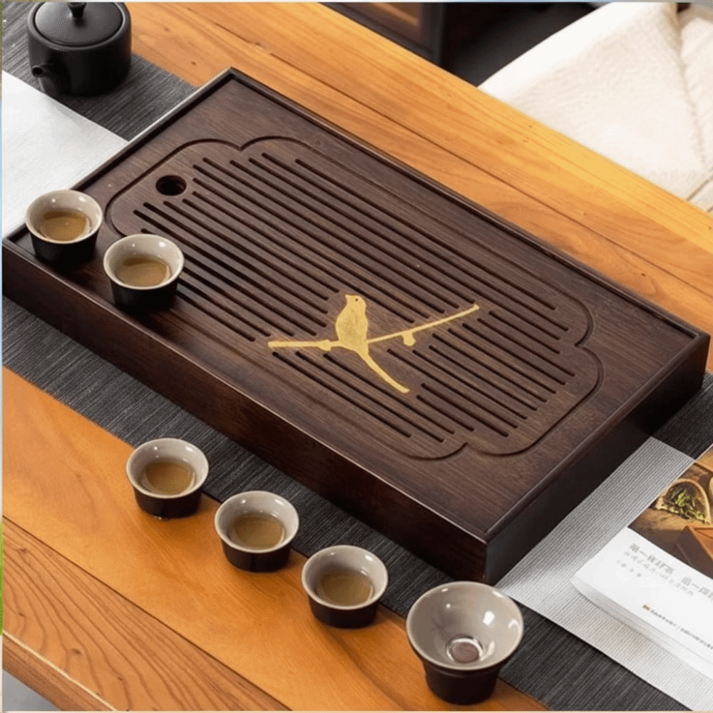 Bamboo Tea Tray - ถาดชาไม้ไผ่ธรรมชาติขนาดเล็ก ถาดเก็บชาทรงสี่เหลี่ยมเรียบง่าย พร้อมระบบระบายน้ำ ถาดระบายน้ำชาที่ประณีต เหมาะสำหรับสำนักงาน