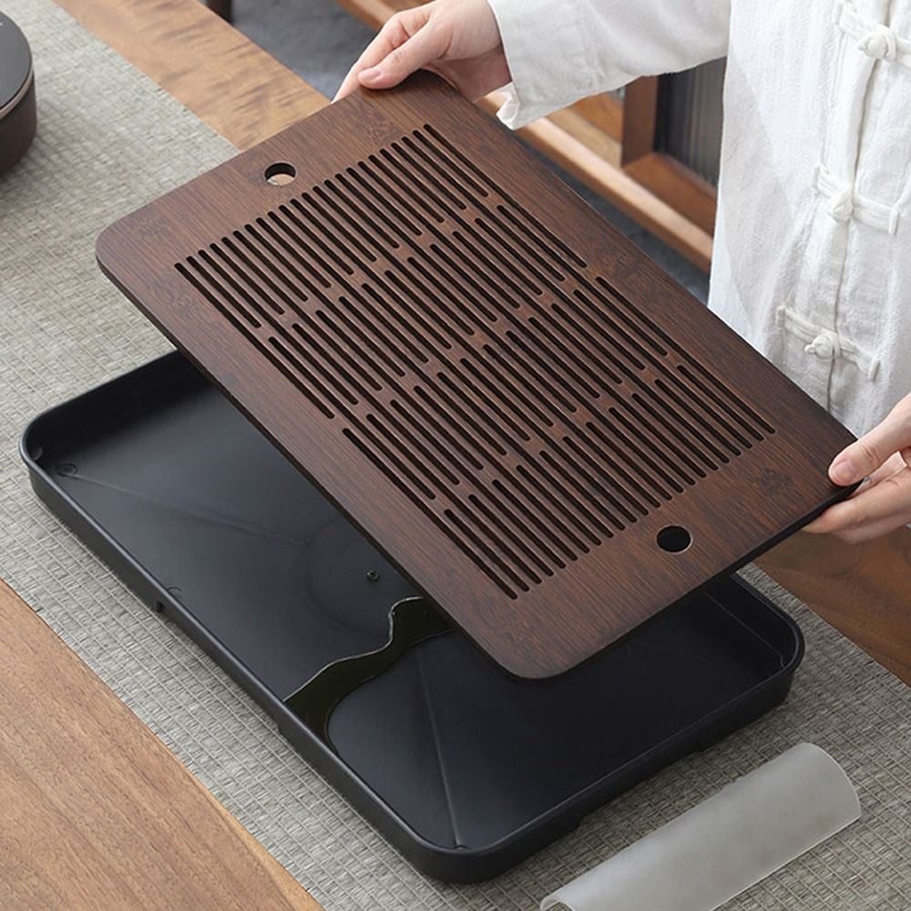 Bamboo Tea Tray - ถาดชาไม้ไผ่อเนกประสงค์พร้อมที่เก็บน้ำ ระบบระบายน้ำเร็ว ถาดเสิร์ฟชาแบบถอดได้ สไตล์วินเทจ